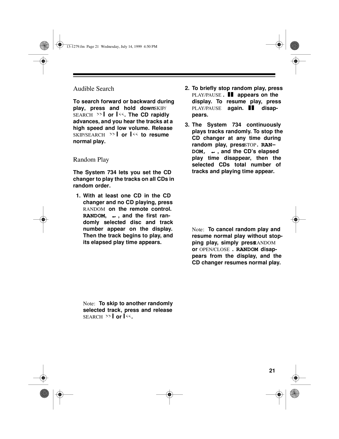 Optimus SYSTEM 734 owner manual Audible Search, Random Play 