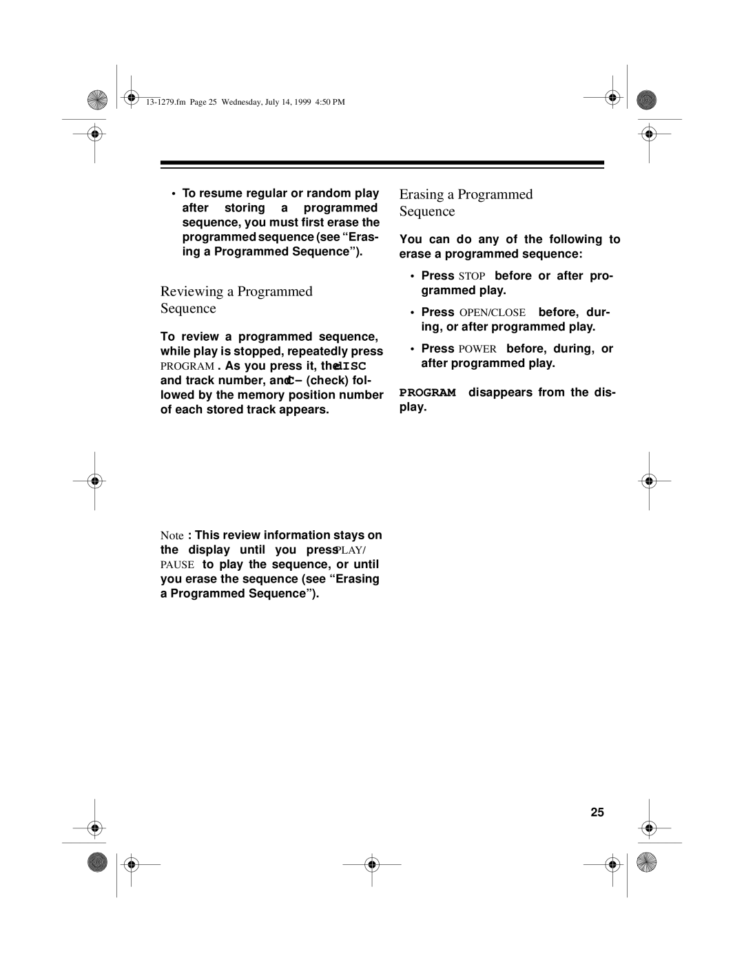 Optimus SYSTEM 734 owner manual Reviewing a Programmed Sequence, Erasing a Programmed Sequence 