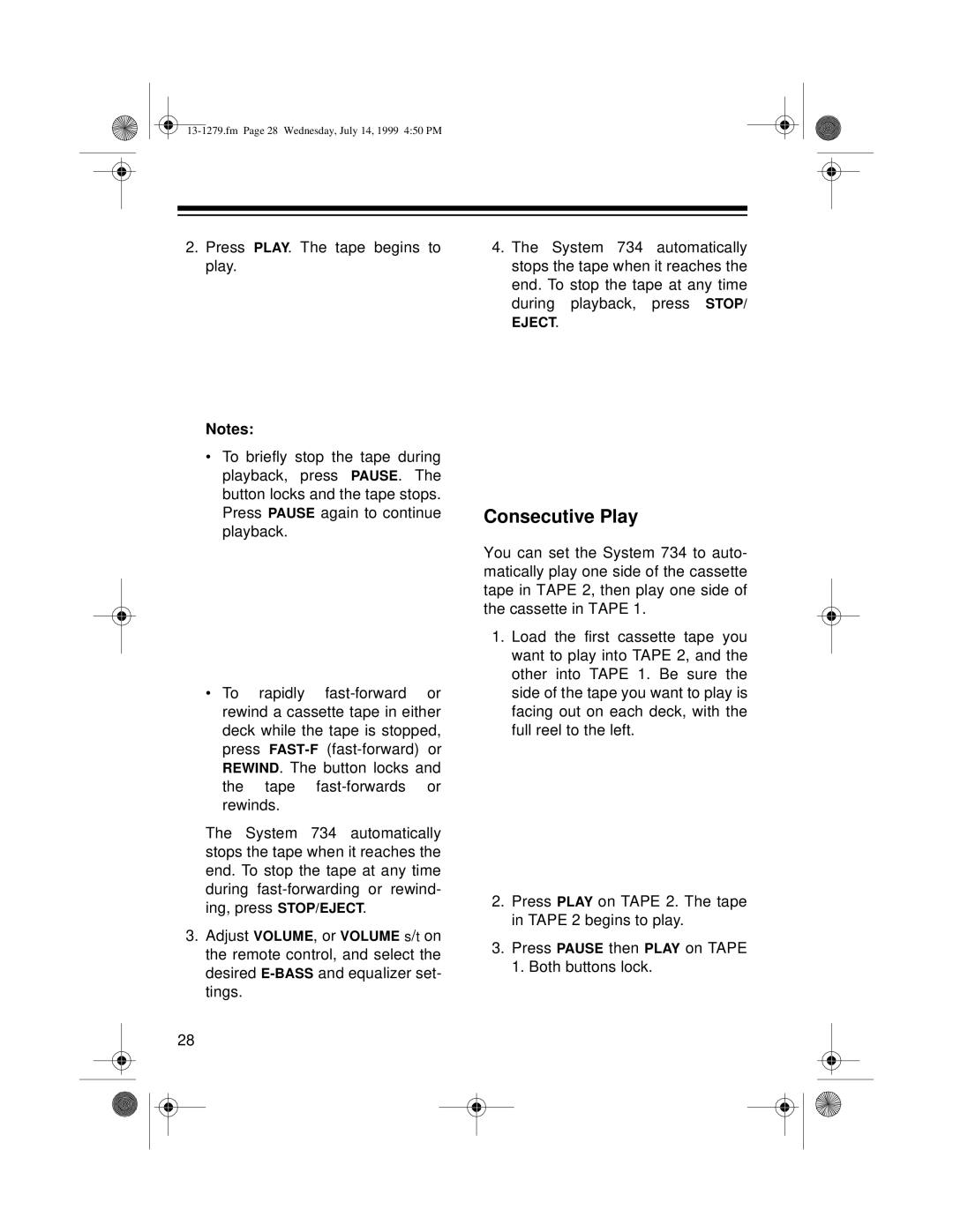 Optimus SYSTEM 734 owner manual Consecutive Play 