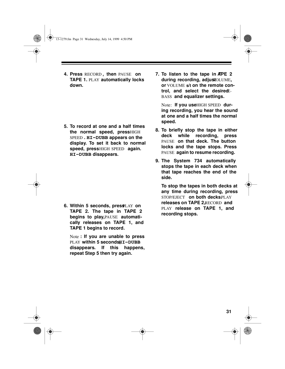 Optimus SYSTEM 734 owner manual Fm Page 31 Wednesday, July 14, 1999 450 PM 