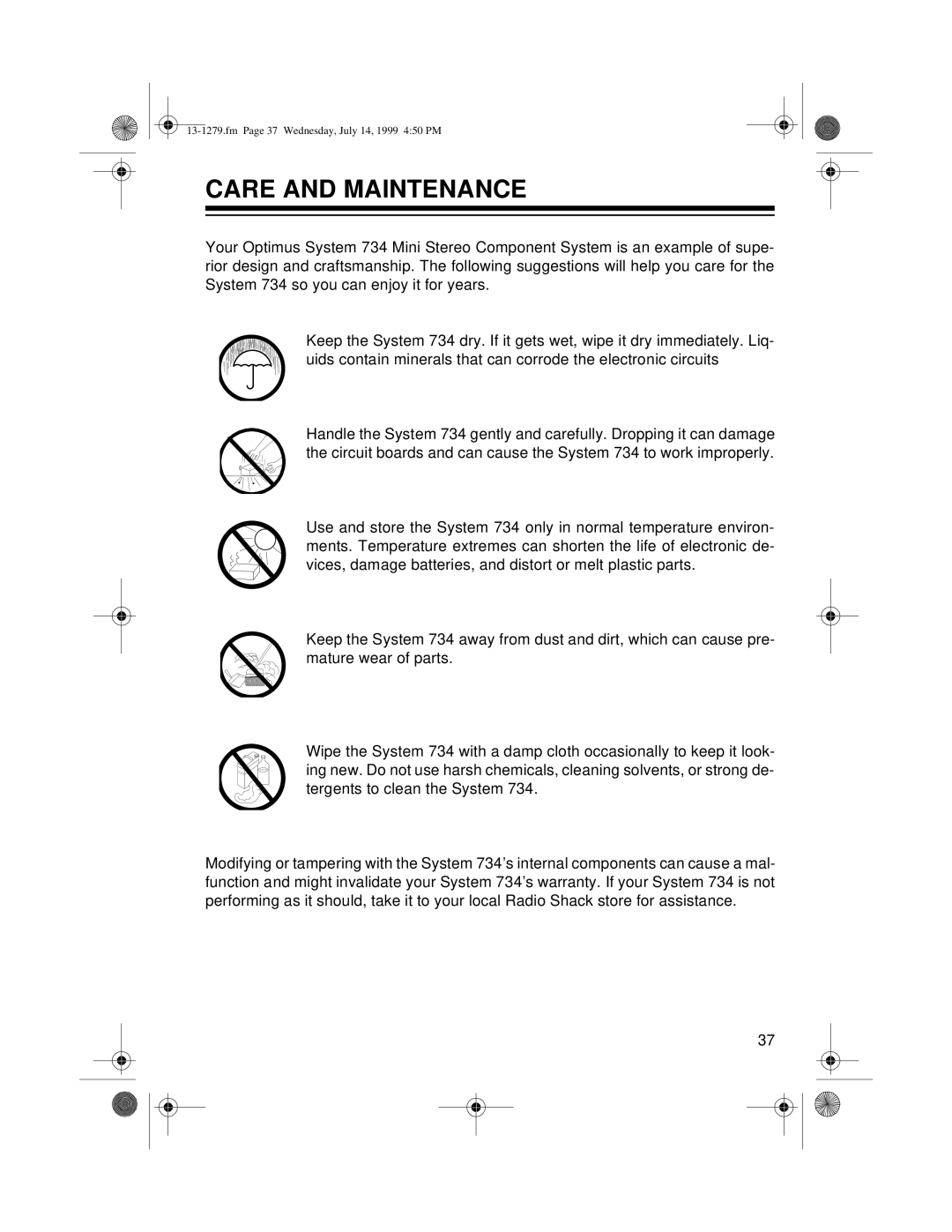 Optimus SYSTEM 734 owner manual Care and Maintenance 