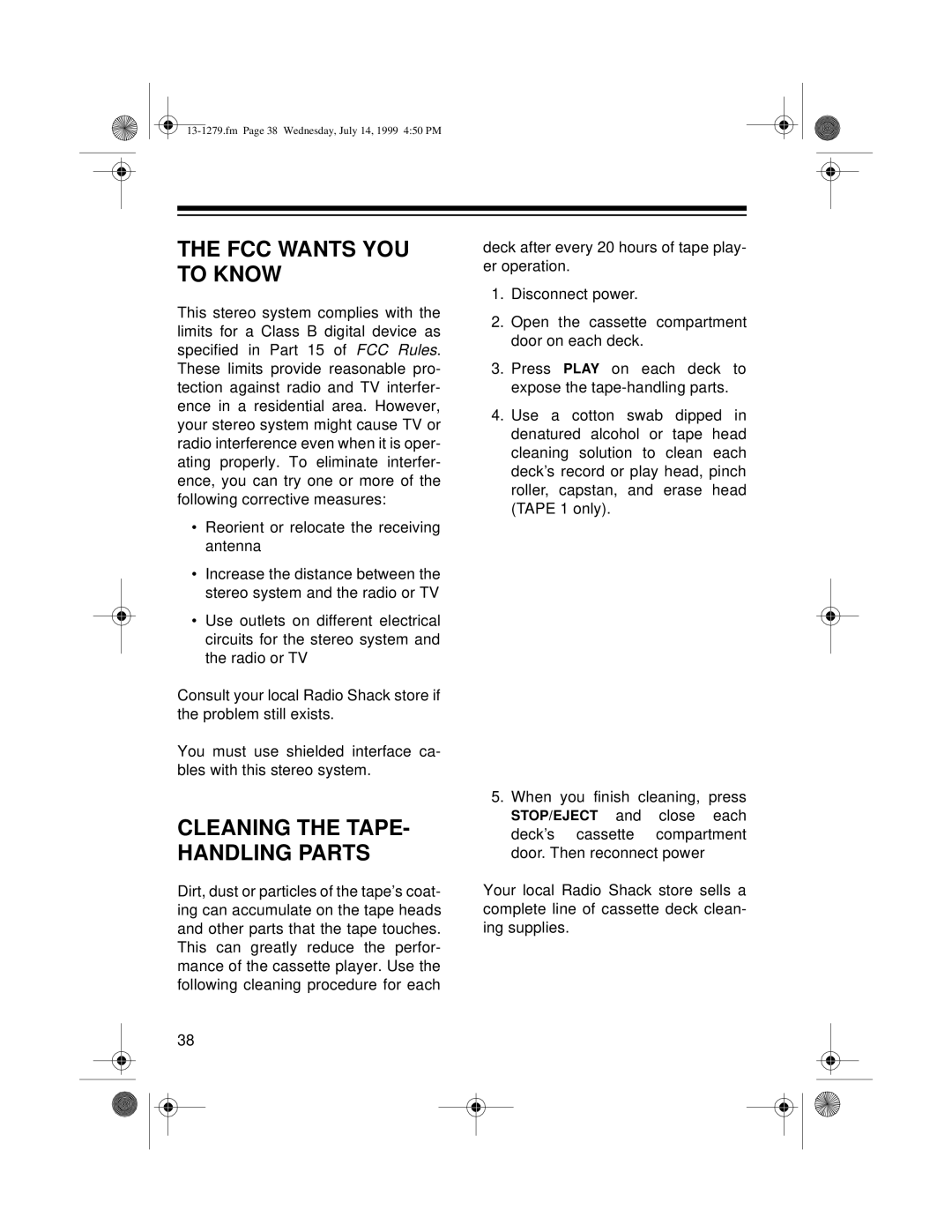 Optimus SYSTEM 734 owner manual FCC Wants YOU to Know, Cleaning the TAPE- Handling Parts 