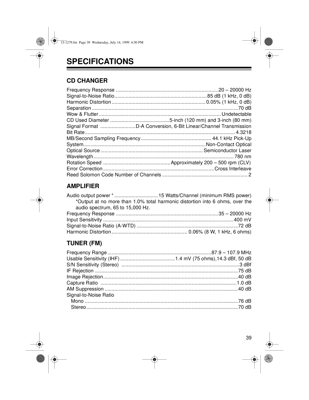 Optimus SYSTEM 734 owner manual Specifications, CD Changer 