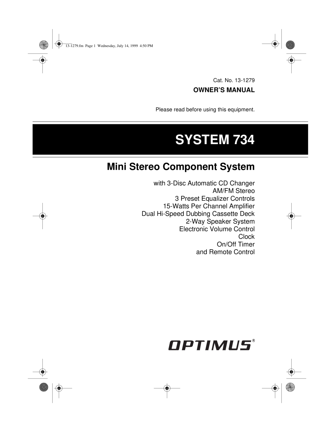 Optimus SYSTEM 734 owner manual Mini Stereo Component System 