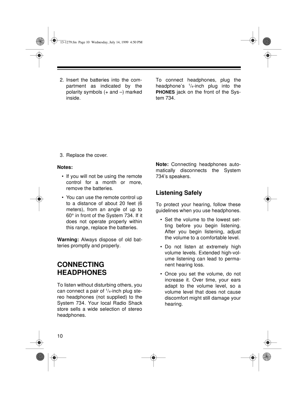 Optimus SYSTEM 734 owner manual Connecting Headphones, Listening Safely 