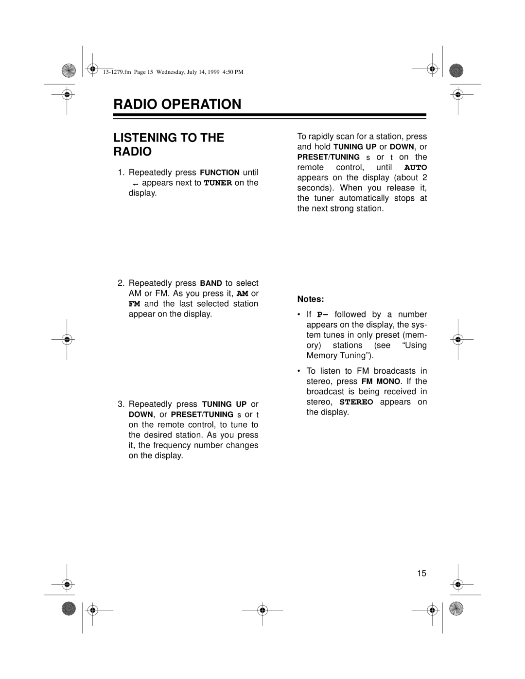 Optimus SYSTEM 734 owner manual Radio Operation, Listening To The Radio 