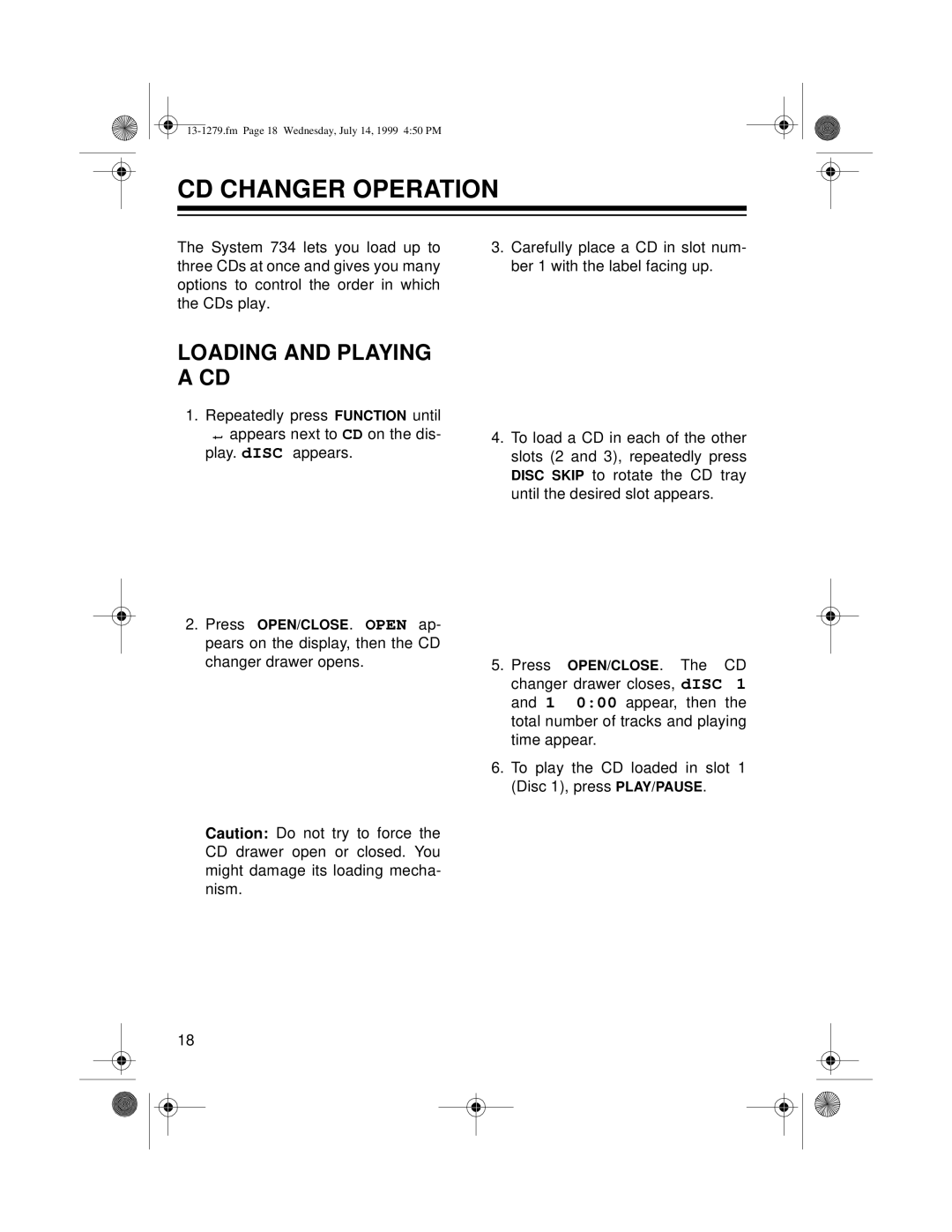 Optimus SYSTEM 734 owner manual Cd Changer Operation, Loading And Playing Acd 