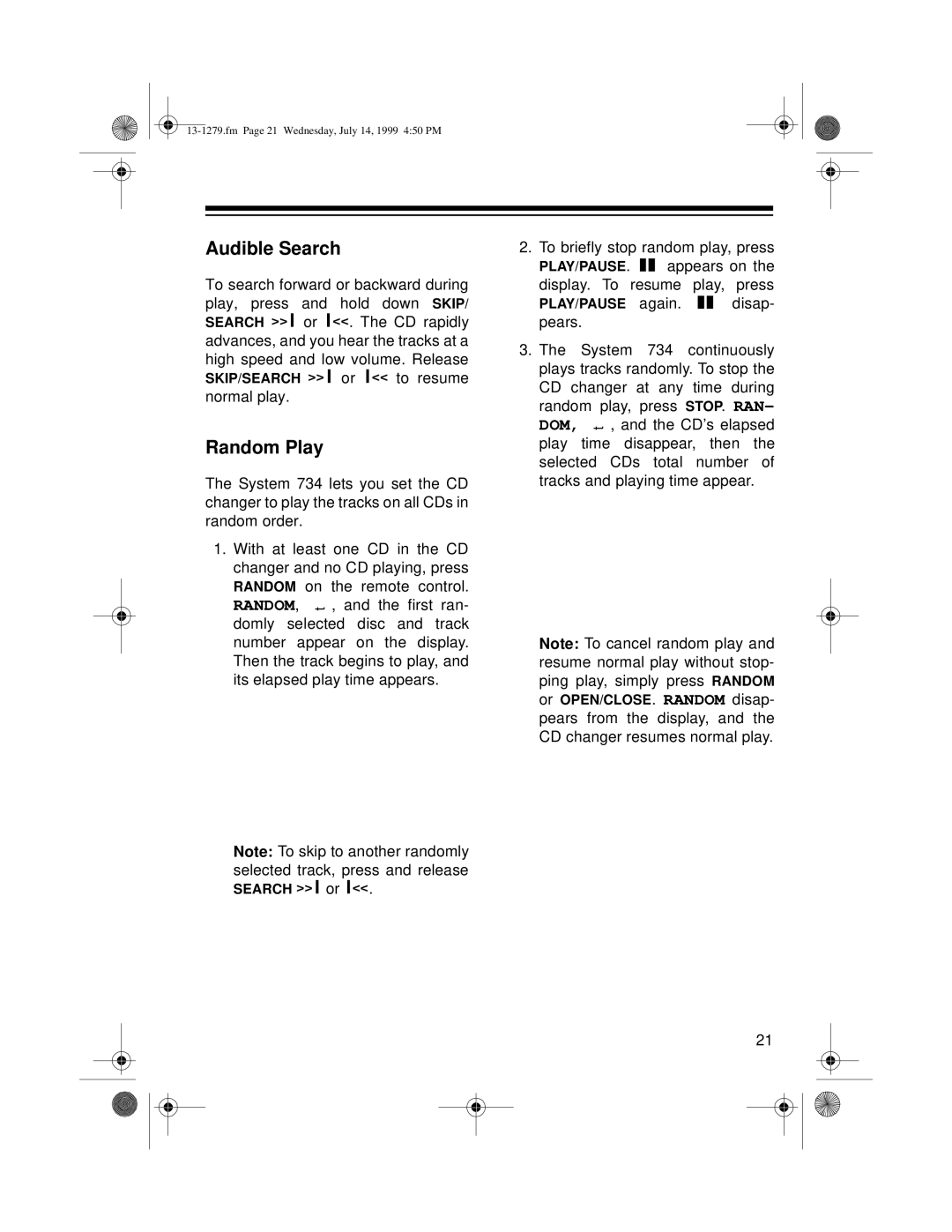 Optimus SYSTEM 734 owner manual Audible Search, Random Play 