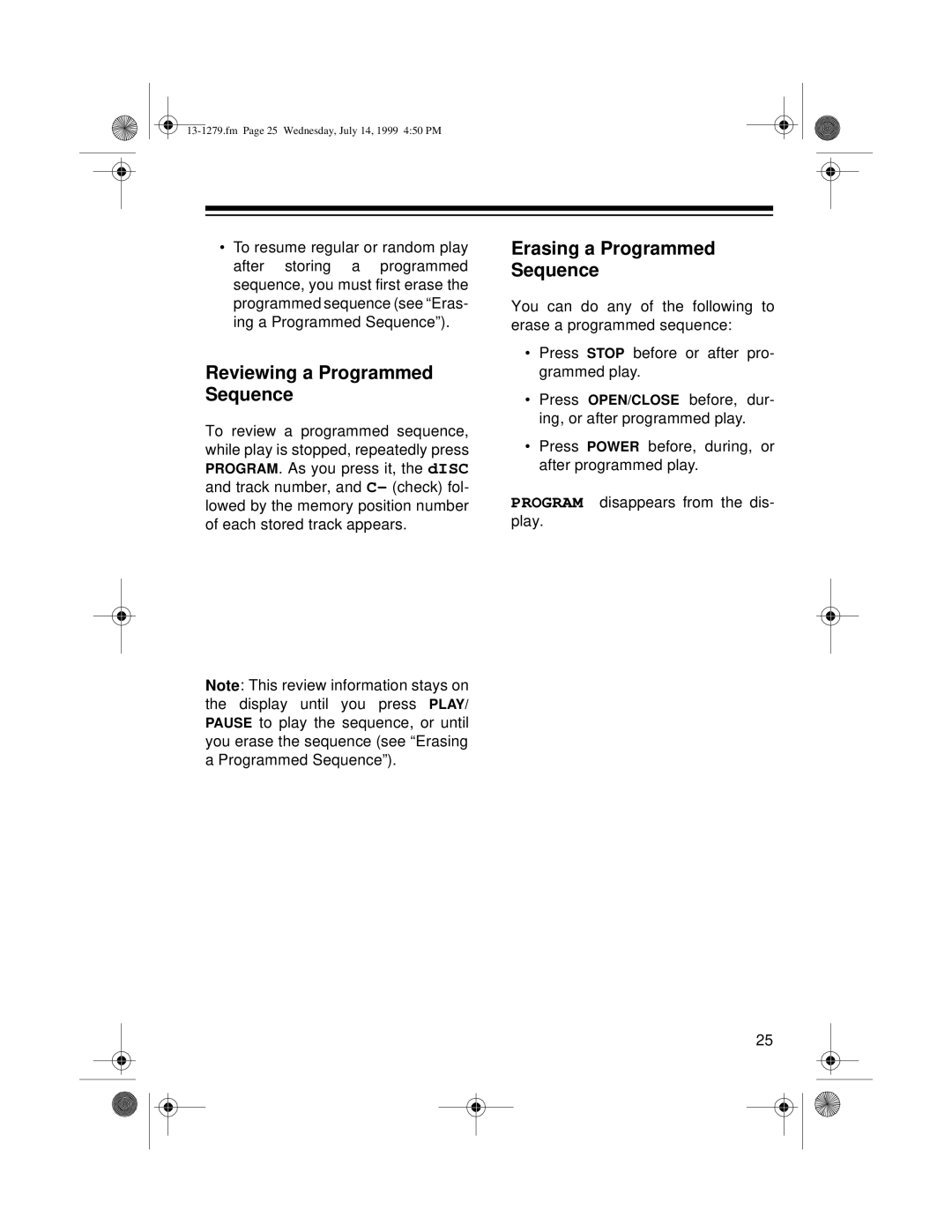 Optimus SYSTEM 734 owner manual Reviewing a Programmed Sequence, Erasing a Programmed Sequence 