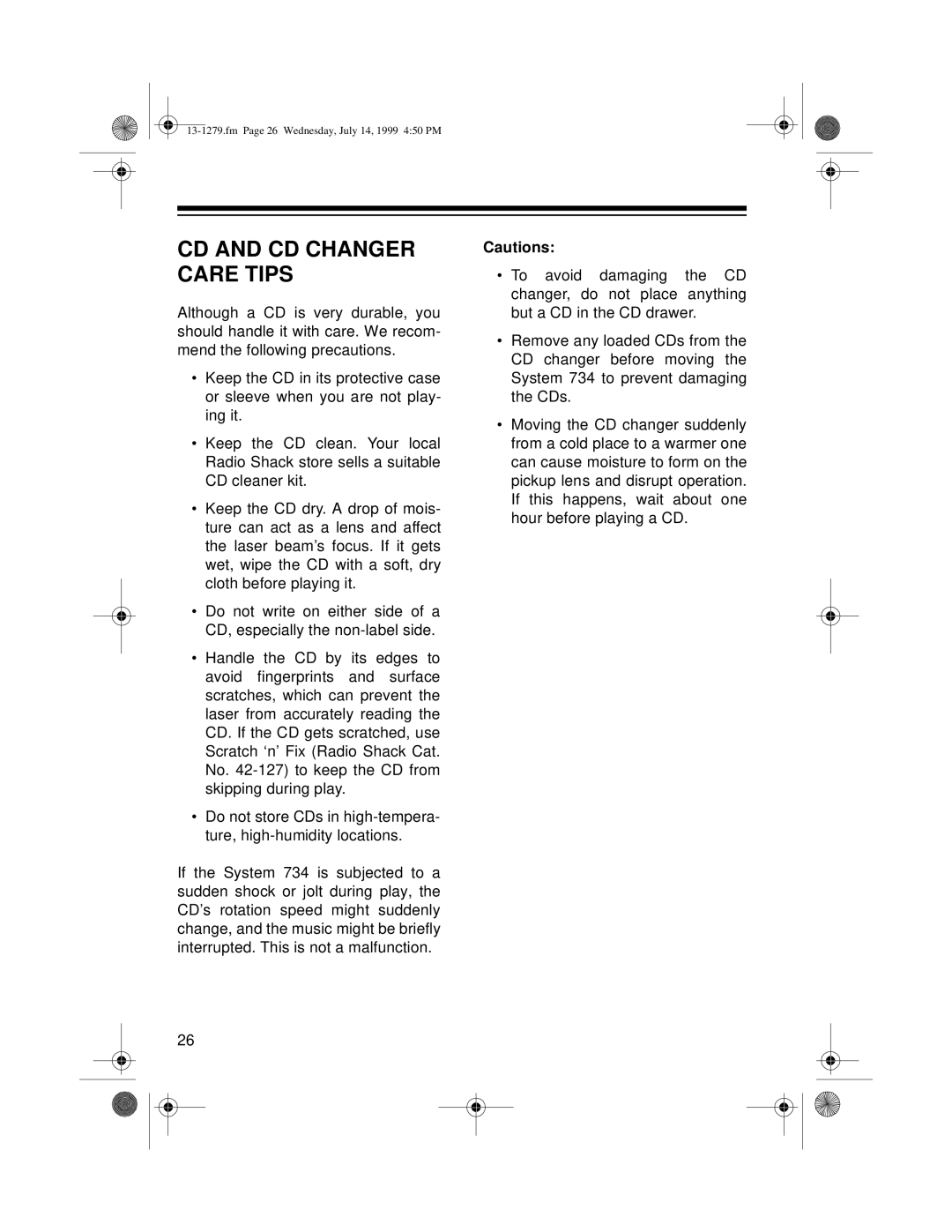 Optimus SYSTEM 734 owner manual Cd And Cd Changer Care Tips, Cautions 