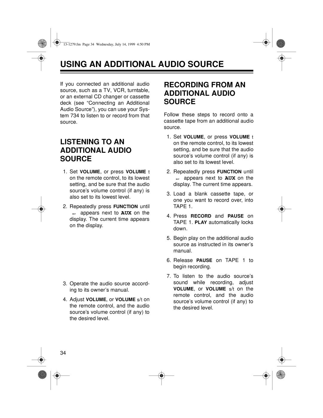 Optimus SYSTEM 734 owner manual Using An Additional Audio Source, Listening To An Additional Audio Source 
