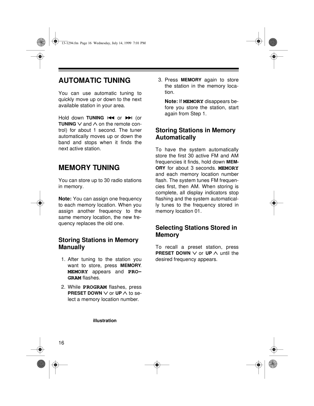 Optimus SYSTEM 746 owner manual Automatic Tuning, Memory Tuning, Storing Stations in Memory Manually 