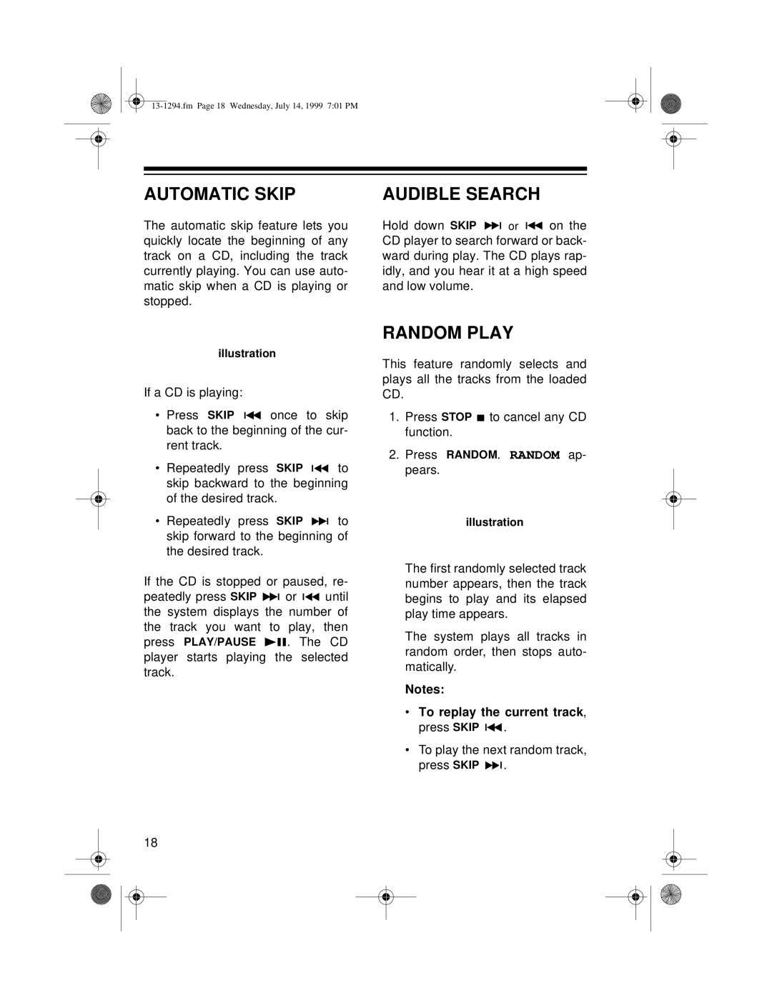 Optimus SYSTEM 746 owner manual Automatic Skip, Audible Search, Random Play 