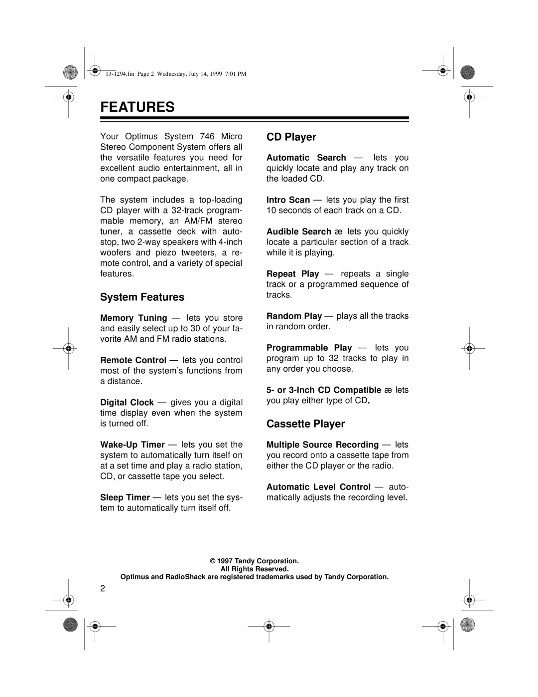 Optimus SYSTEM 746 owner manual System Features, CD Player, Cassette Player 