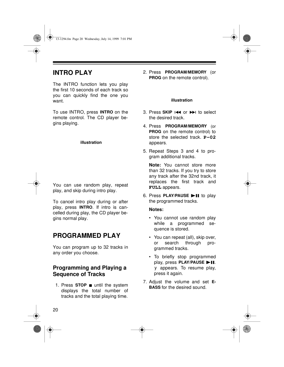 Optimus SYSTEM 746 owner manual Intro Play, Programmed Play, Programming and Playing a Sequence of Tracks 