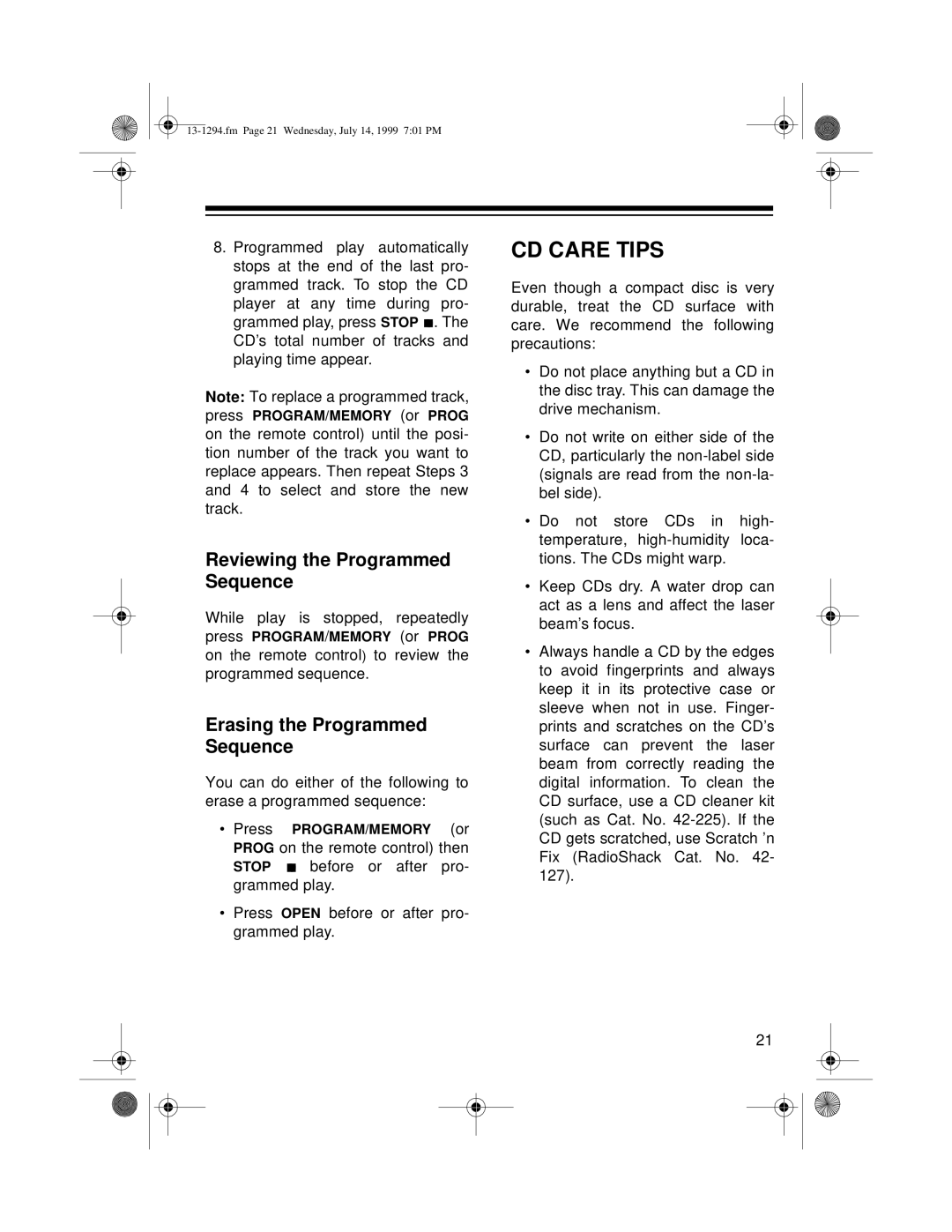 Optimus SYSTEM 746 owner manual CD Care Tips, Reviewing the Programmed Sequence, Erasing the Programmed Sequence 