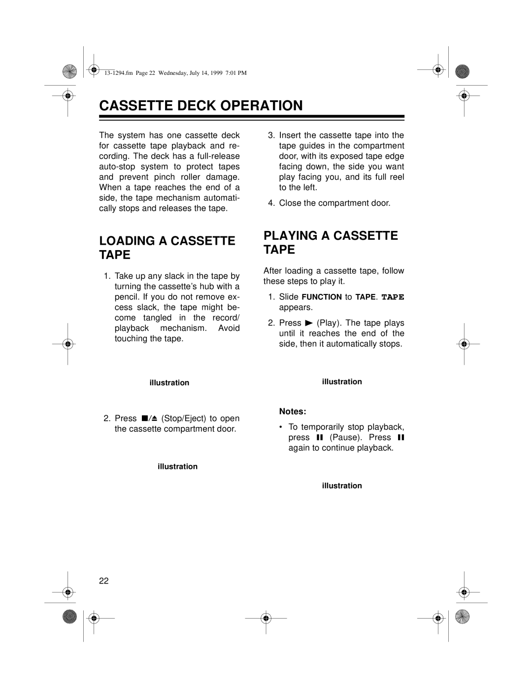 Optimus SYSTEM 746 owner manual Cassette Deck Operation, Loading a Cassette Tape, Playing a Cassette Tape 