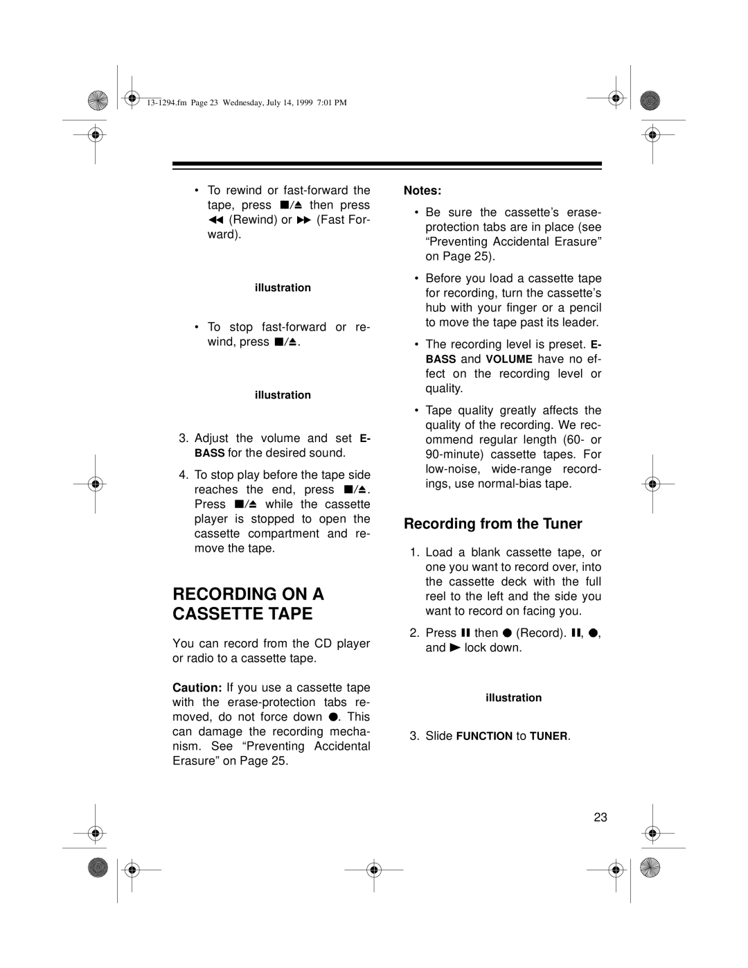 Optimus SYSTEM 746 owner manual Recording on a Cassette Tape, Recording from the Tuner 