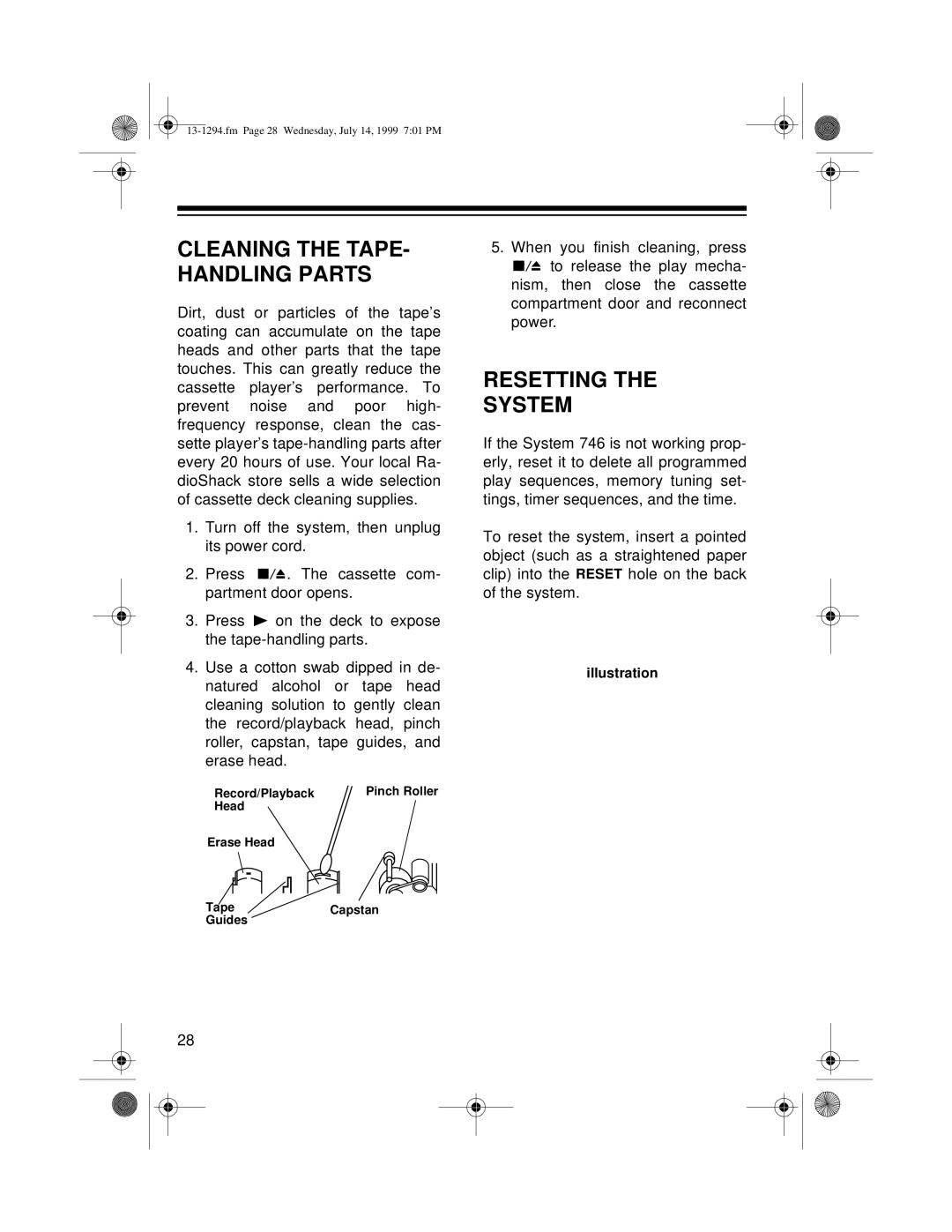 Optimus SYSTEM 746 owner manual Resetting System, Cleaning the TAPE- Handling Parts 