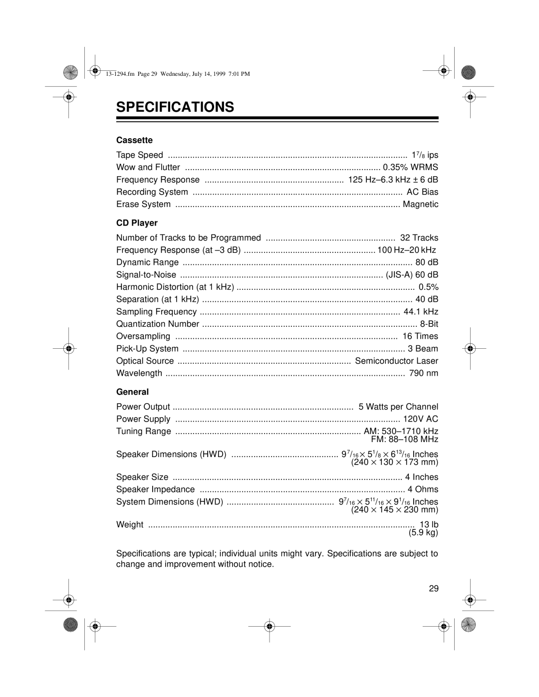 Optimus SYSTEM 746 owner manual Specifications, Cassette 