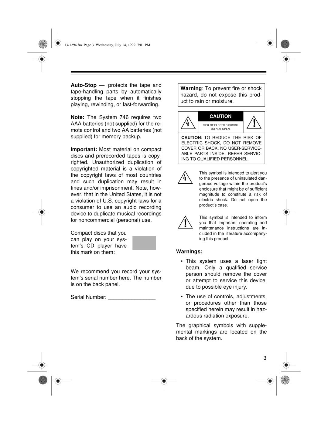 Optimus SYSTEM 746 owner manual Fm Page 3 Wednesday, July 14, 1999 701 PM 