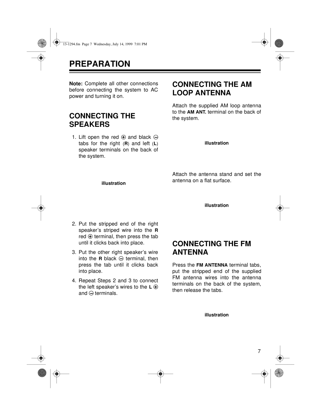 Optimus SYSTEM 746 owner manual Preparation, Connecting Speakers, Connecting the AM Loop Antenna, Connecting the FM Antenna 