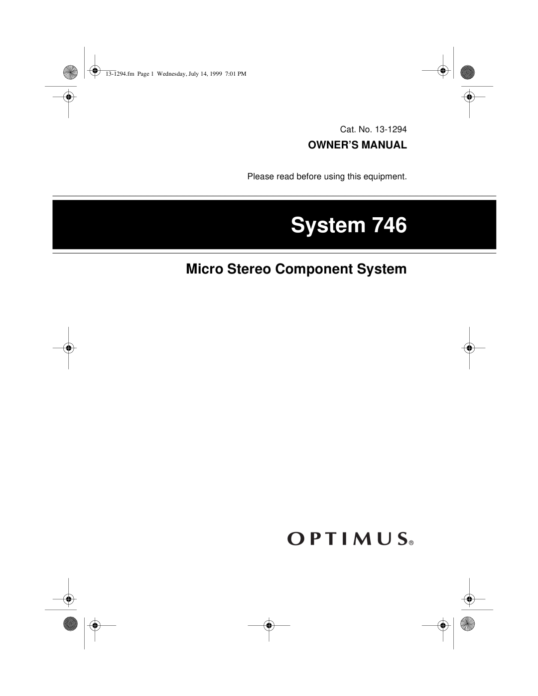 Optimus SYSTEM 746 owner manual Micro Stereo Component System, fmPage 1 Wednesday, July 14, 1999 7 01 PM 