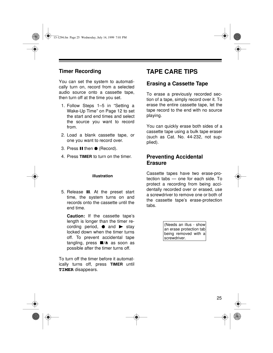 Optimus SYSTEM 746 owner manual Tape Care Tips, Timer Recording, Erasing a Cassette Tape, Preventing Accidental Erasure 