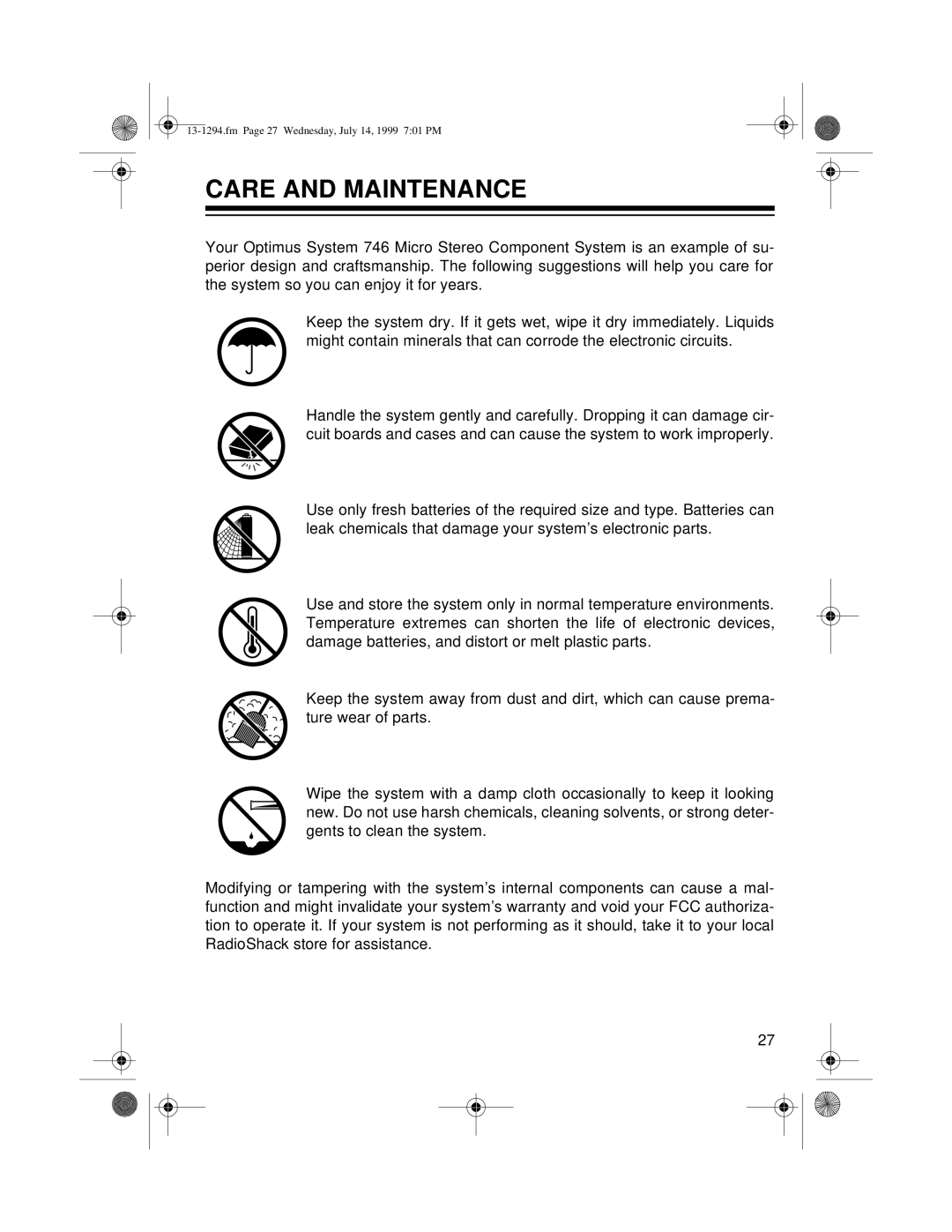Optimus SYSTEM 746 owner manual Care And Maintenance 