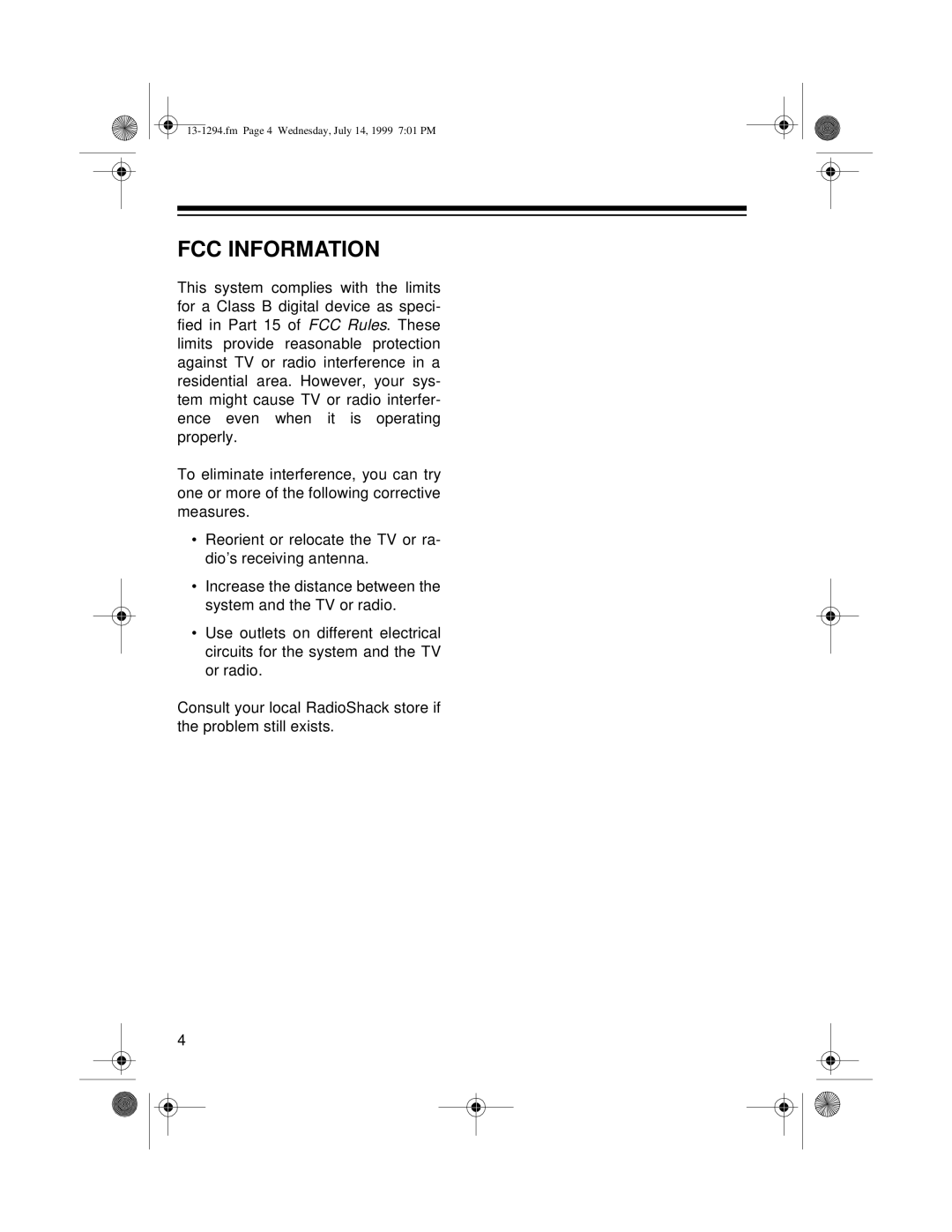 Optimus SYSTEM 746 owner manual Fcc Information 