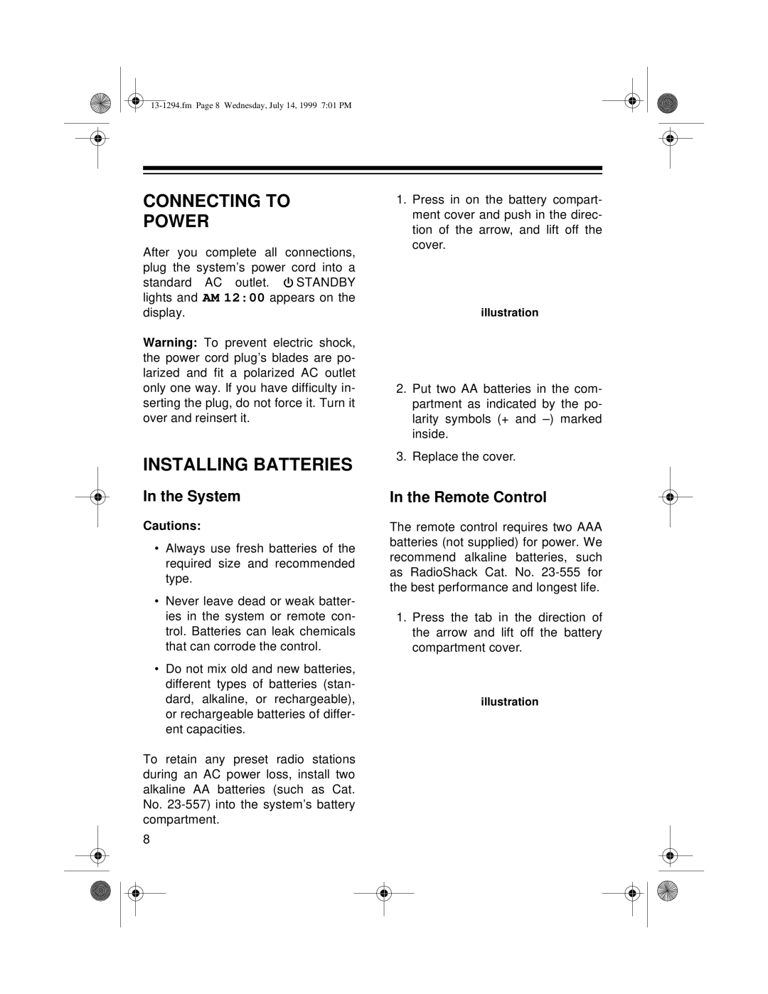 Optimus SYSTEM 746 owner manual Connecting To Power, Installing Batteries, In the System, In the Remote Control 