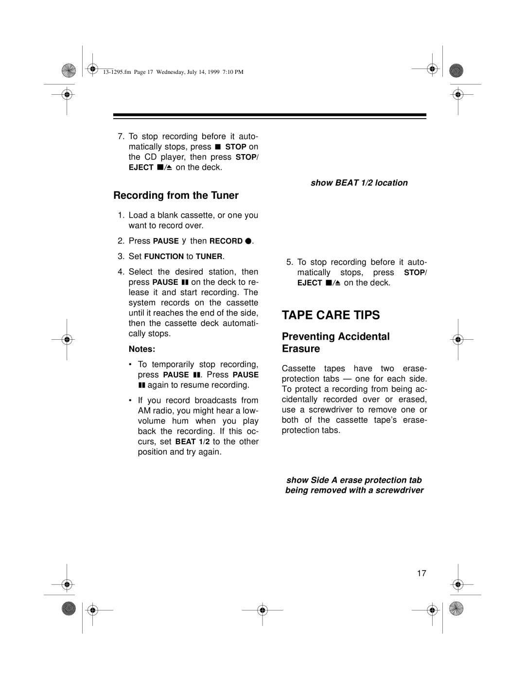 Optimus SYSTEM 747 Tape Care Tips, Recording from the Tuner, Preventing Accidental Erasure, Show Beat 1/2 location 