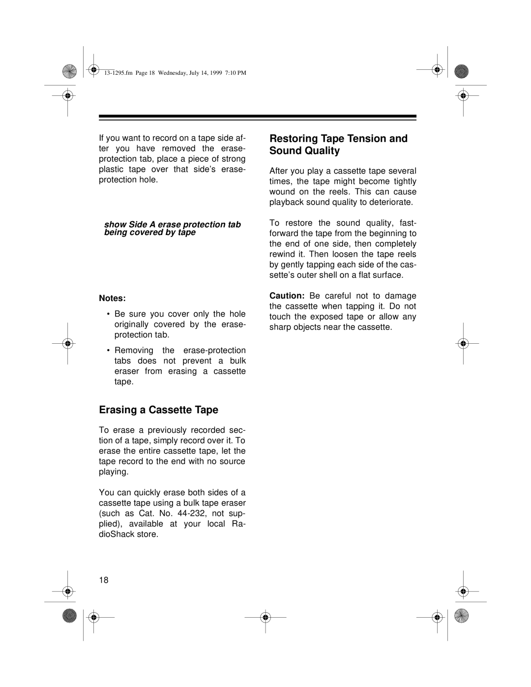 Optimus SYSTEM 747 owner manual Erasing a Cassette Tape, Restoring Tape Tension and Sound Quality 