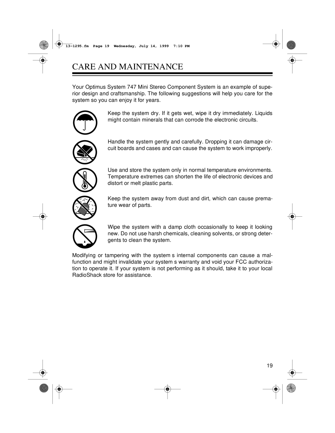 Optimus SYSTEM 747 owner manual Care and Maintenance 