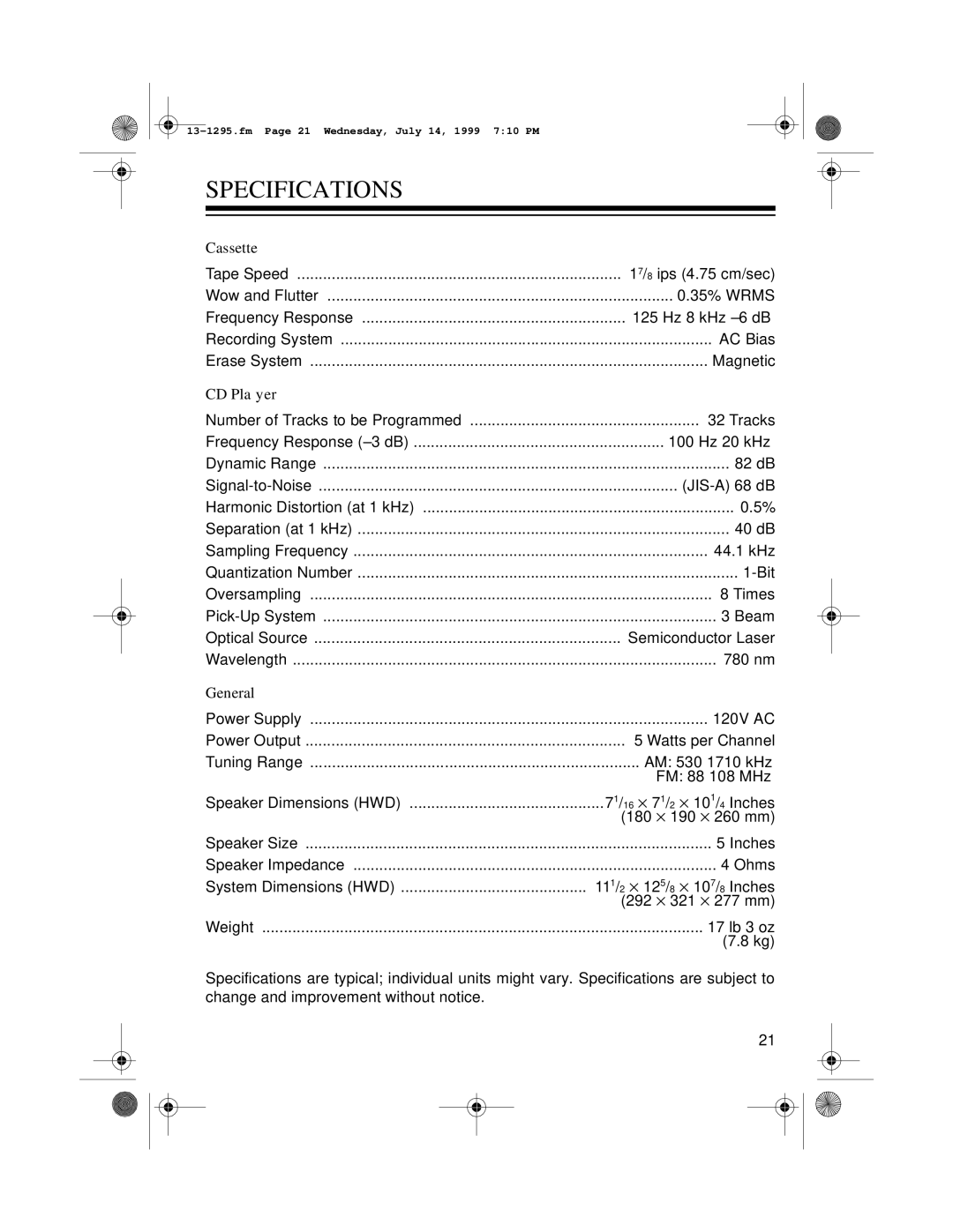 Optimus SYSTEM 747 owner manual Specifications, Cassette 