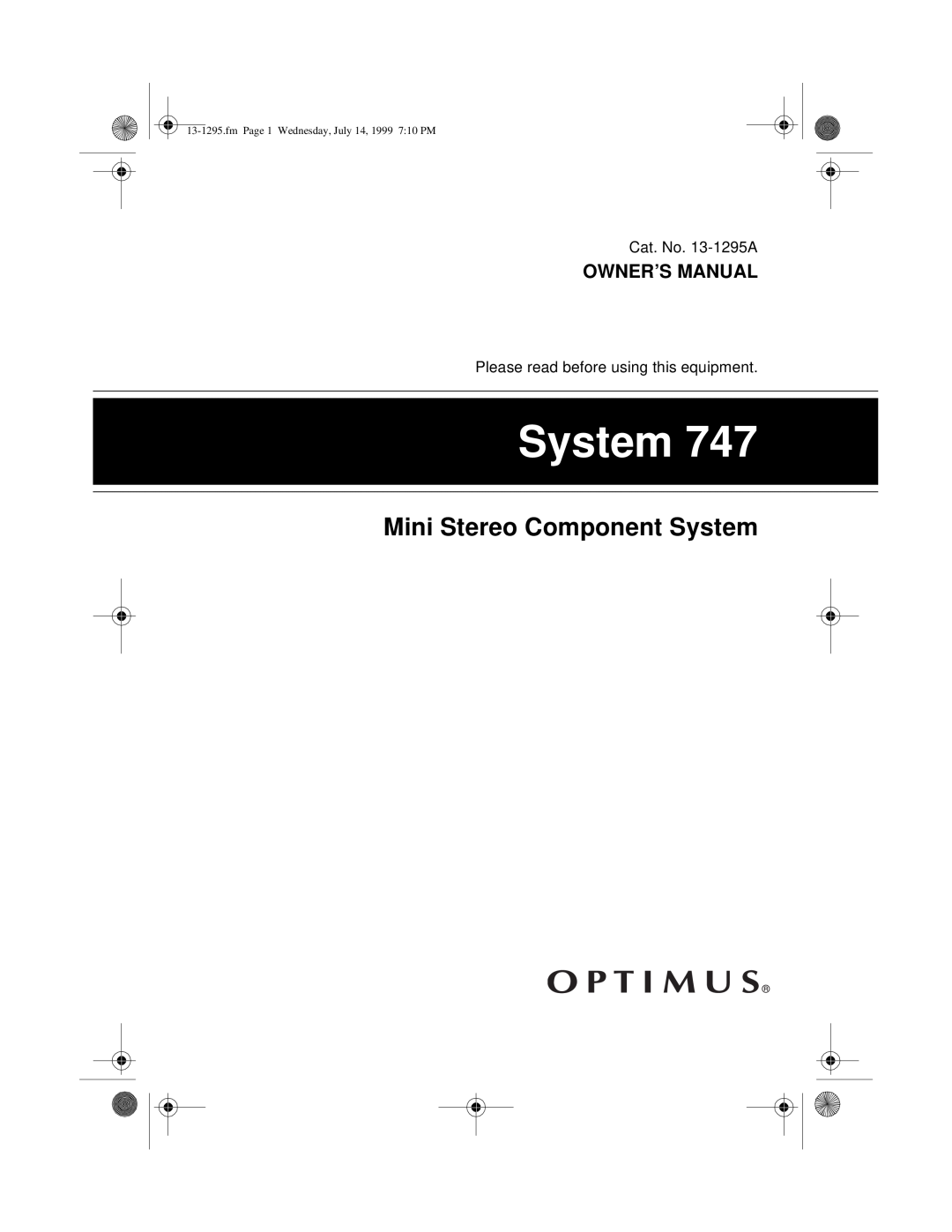 Optimus SYSTEM 747 owner manual Mini Stereo Component System, fmPage 1 Wednesday, July 14, 1999 7 10 PM 