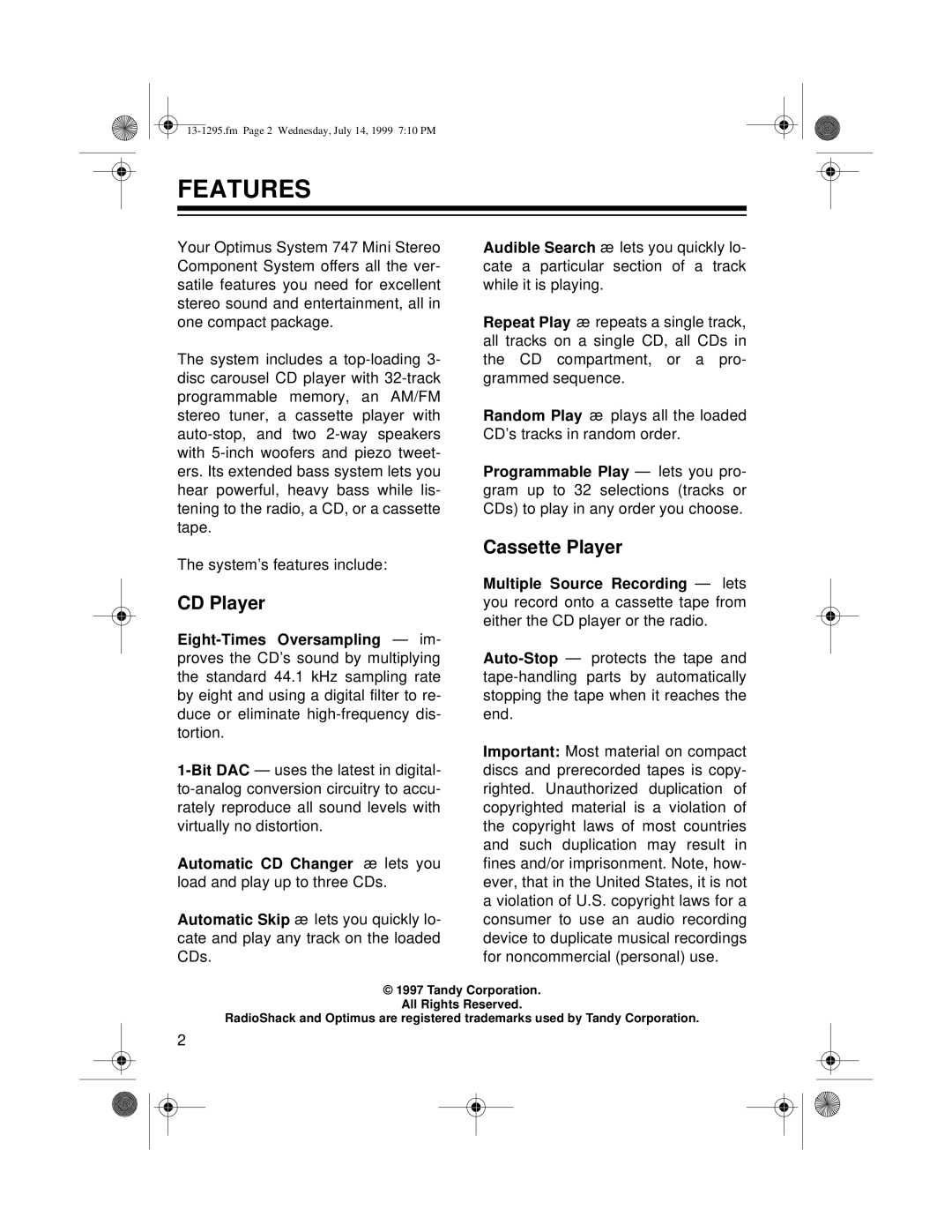 Optimus SYSTEM 747 owner manual Features, CD Player, Cassette Player 
