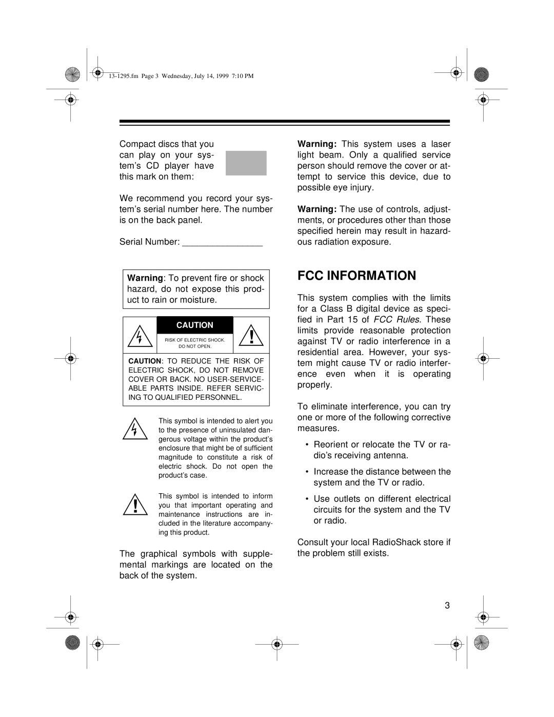 Optimus SYSTEM 747 owner manual Fcc Information 
