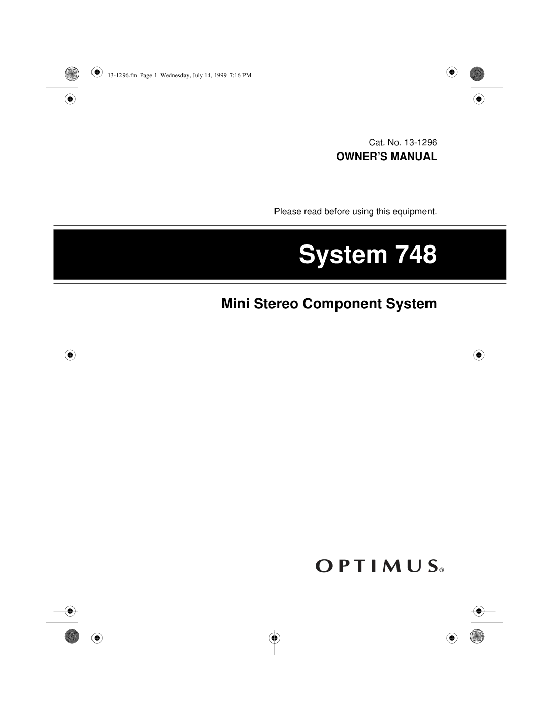 Optimus SYSTEM 748 owner manual System 