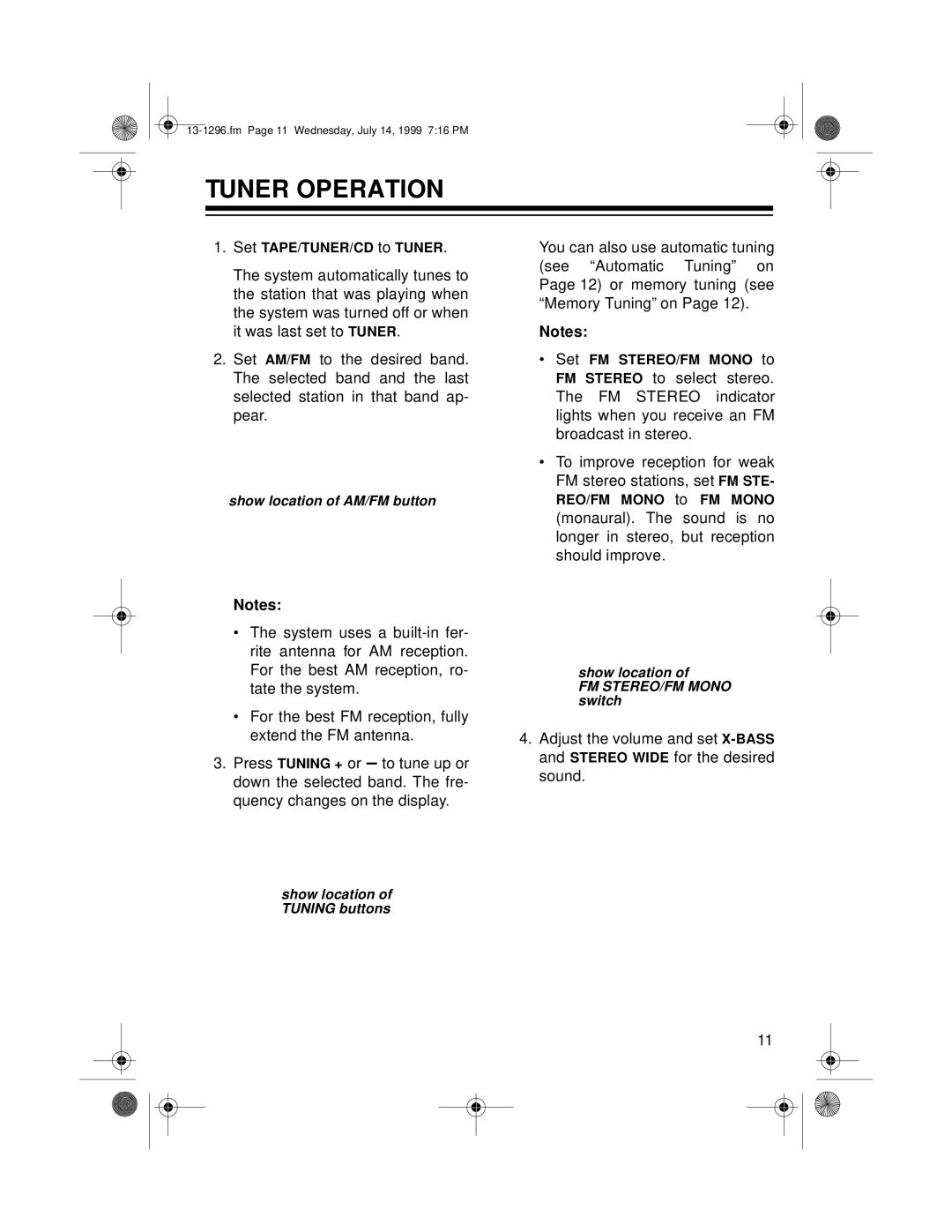 Optimus SYSTEM 748 owner manual Tuner Operation 