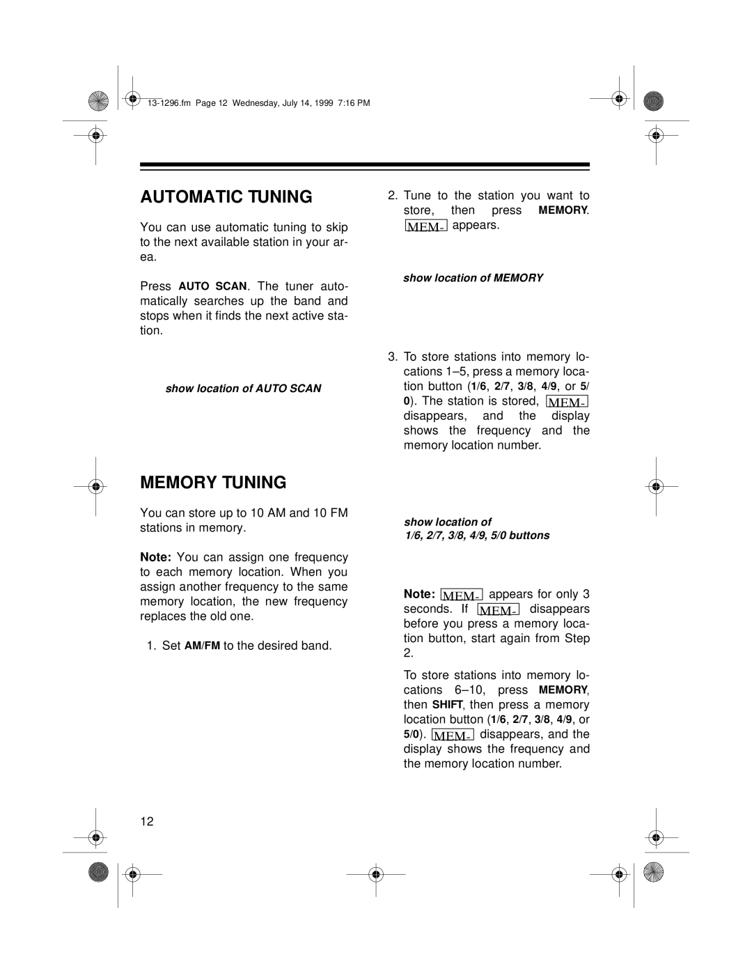 Optimus SYSTEM 748 owner manual Automatic Tuning, Memory Tuning 