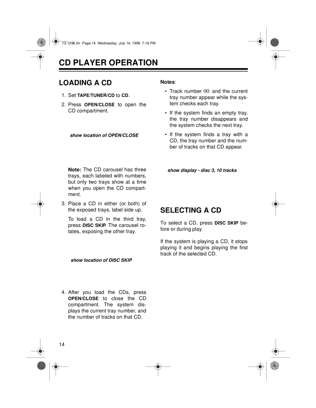 Optimus SYSTEM 748 owner manual CD Player Operation, Loading a CD, Selecting a CD 