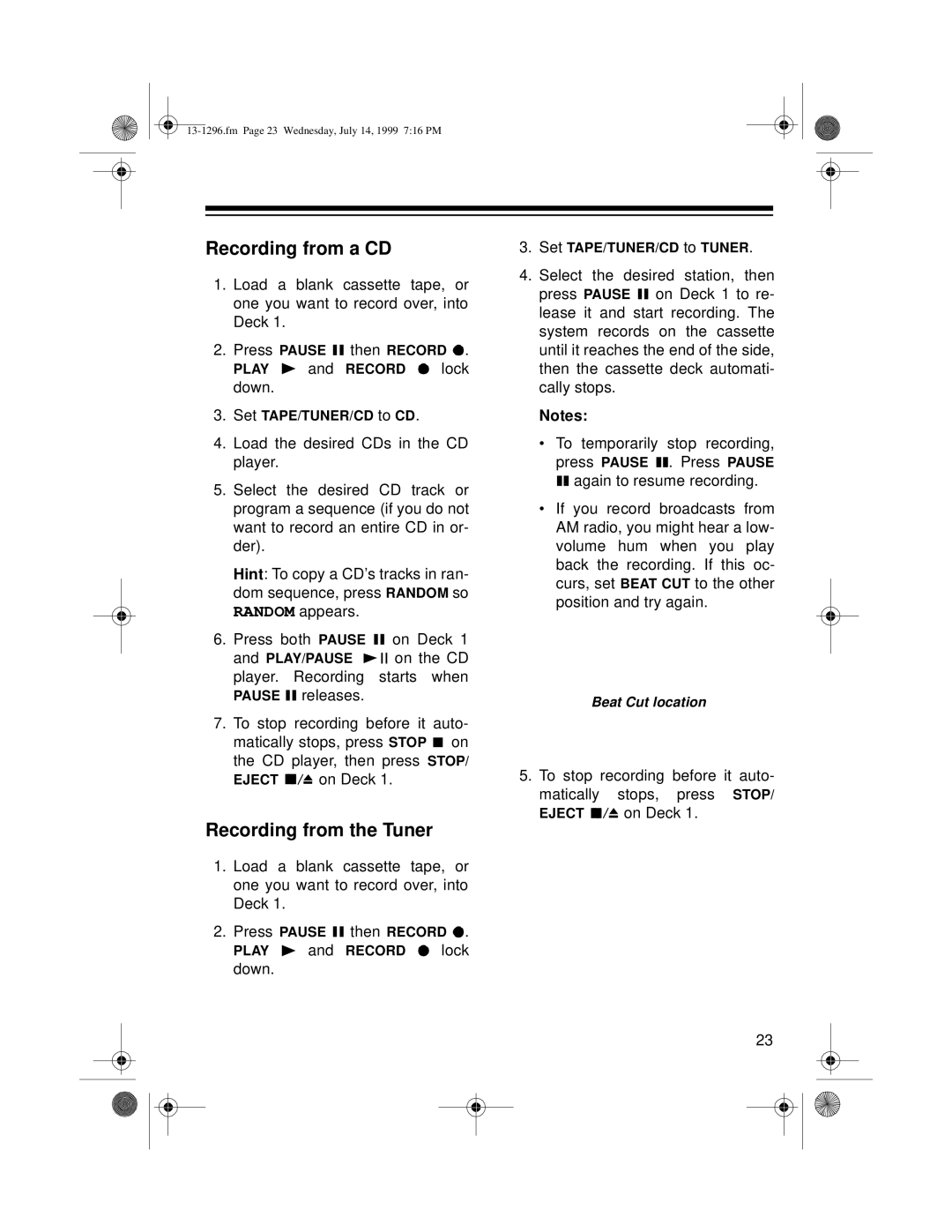 Optimus SYSTEM 748 owner manual Recording from a CD, Recording from the Tuner 