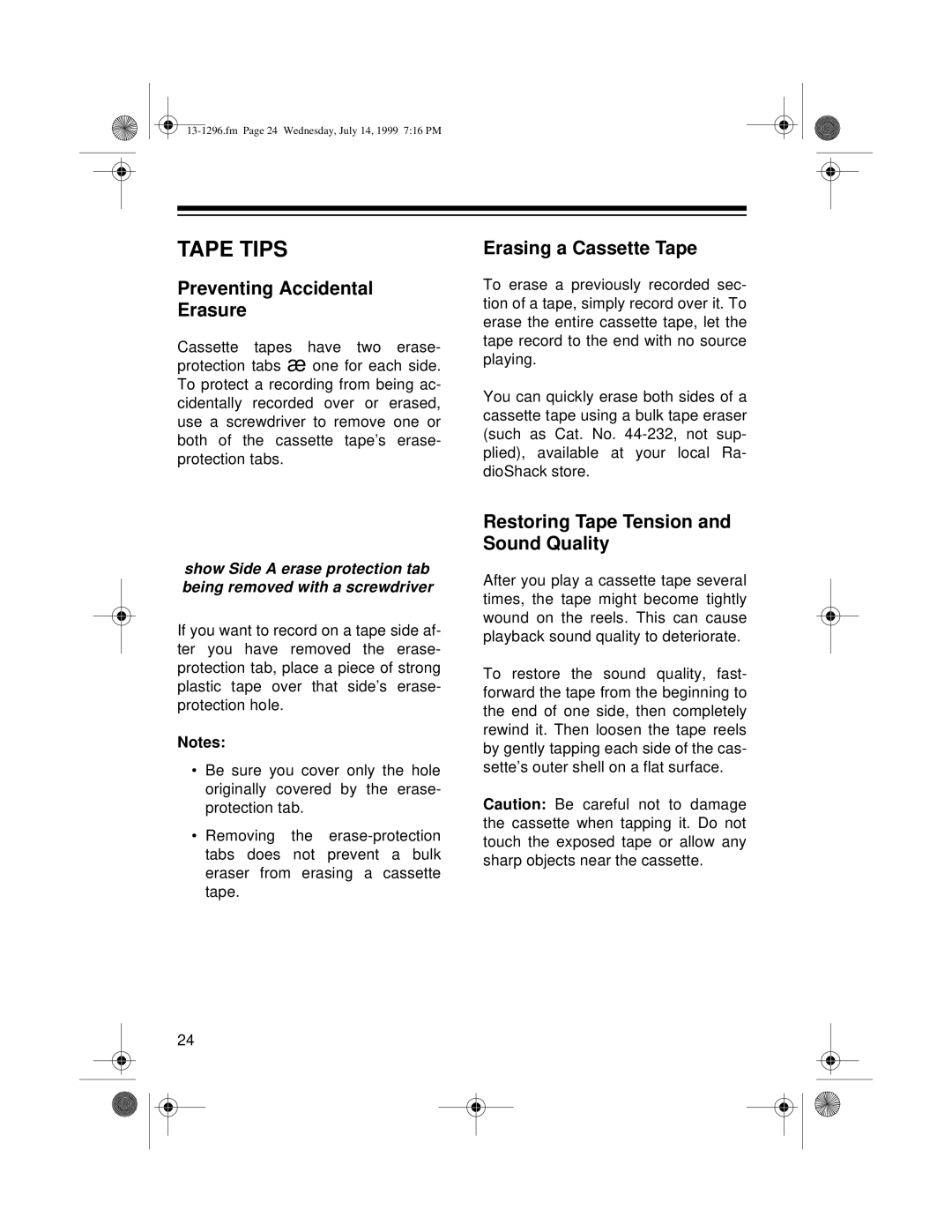 Optimus SYSTEM 748 owner manual Tape Tips, Preventing Accidental Erasure, Erasing a Cassette Tape 