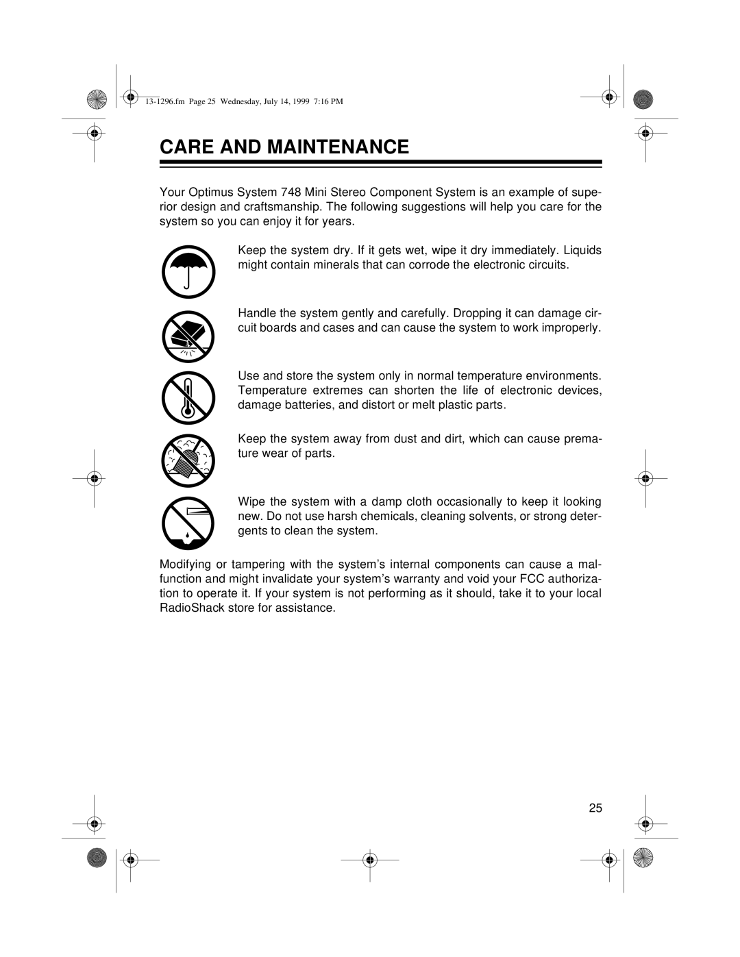 Optimus SYSTEM 748 owner manual Care and Maintenance 