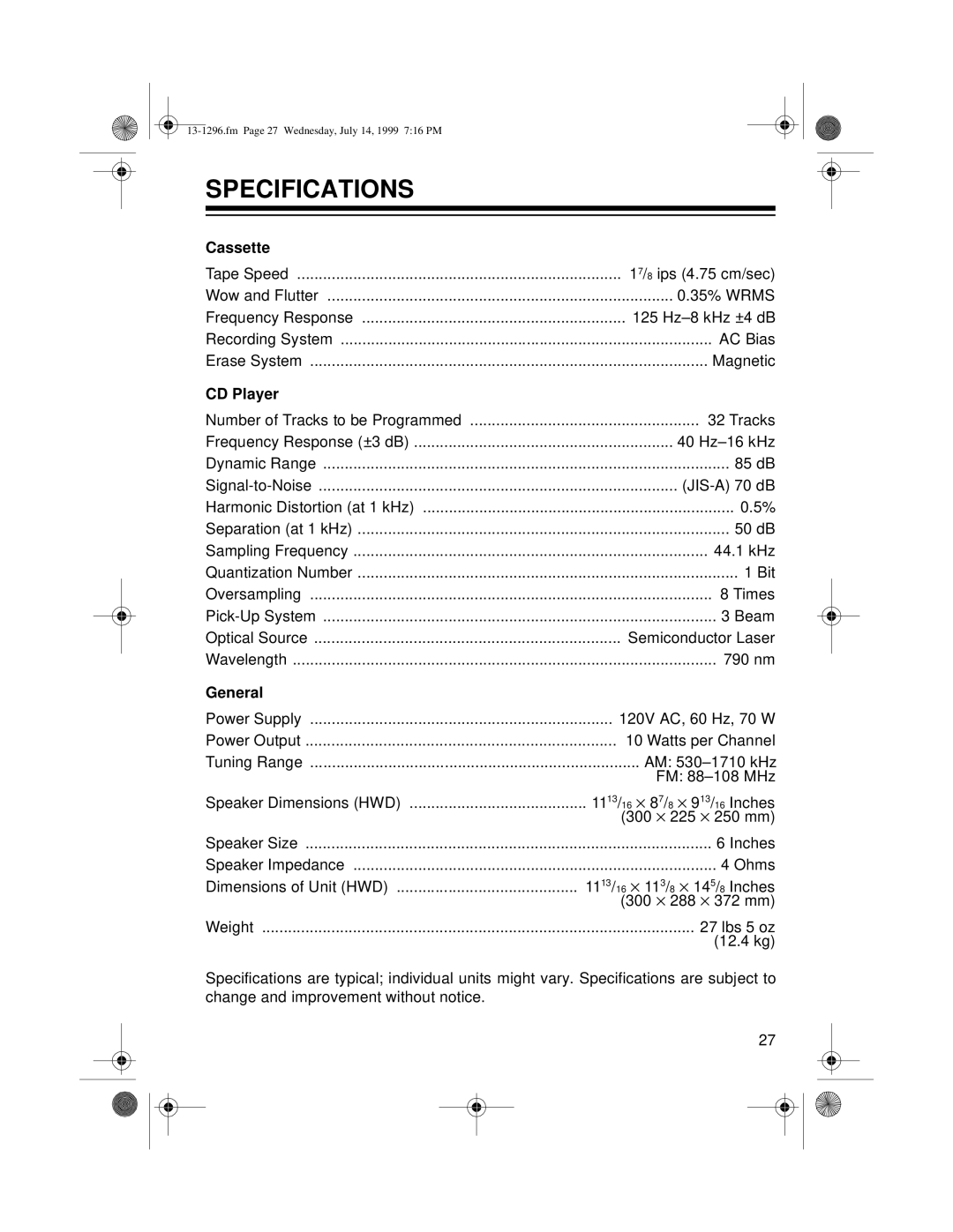 Optimus SYSTEM 748 owner manual Specifications, Cassette 