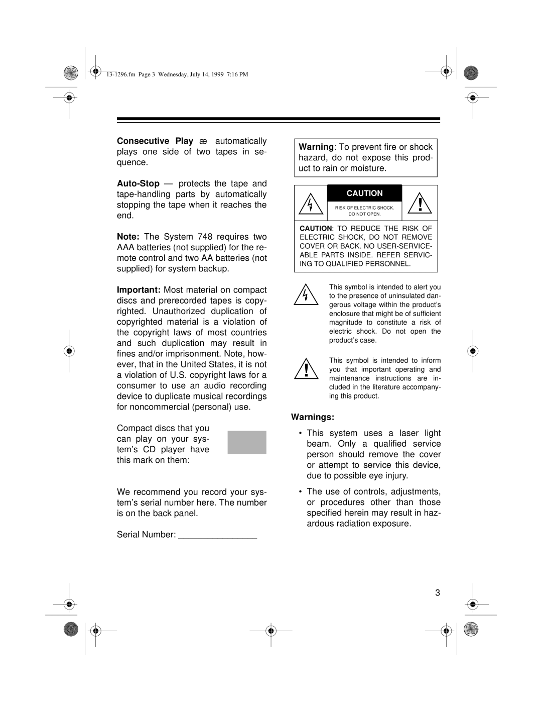 Optimus SYSTEM 748 owner manual Fm Page 3 Wednesday, July 14, 1999 716 PM 