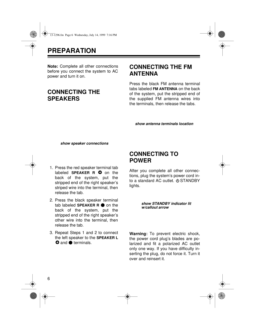 Optimus SYSTEM 748 owner manual Preparation, Connecting Speakers Connecting the FM Antenna, Connecting to Power 