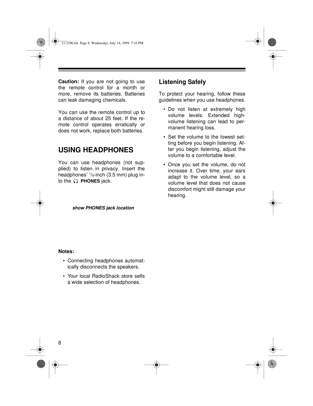 Optimus SYSTEM 748 owner manual Using Headphones, Listening Safely 