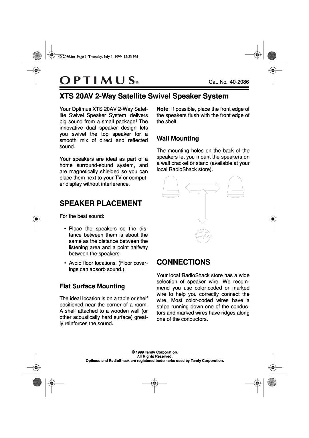 Optimus manual XTS 20AV 2-WaySatellite Swivel Speaker System, Speaker Placement, Connections, Wall Mounting 